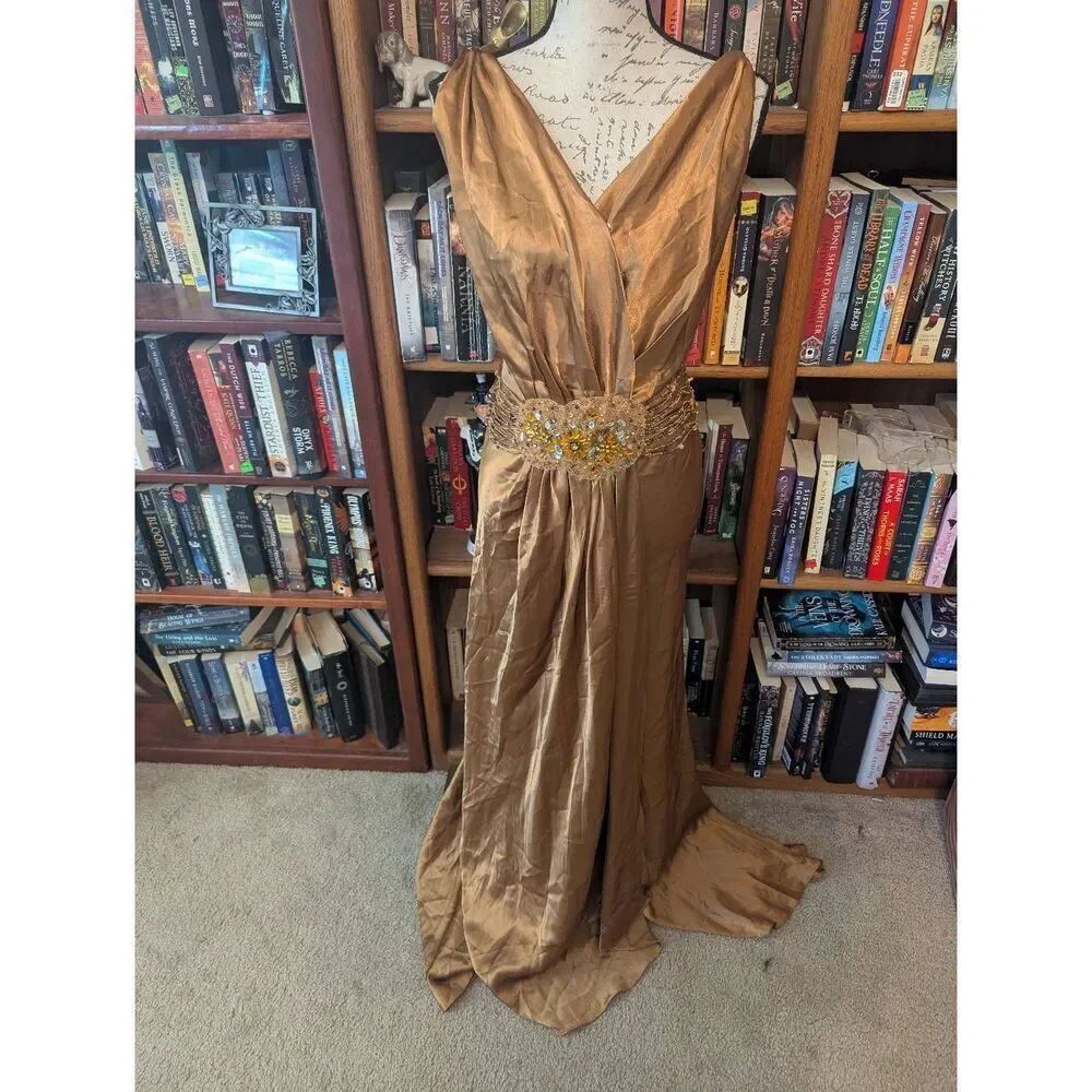Mary.L Couture Champagne Gold Satin Gown Jeweled Waist & Draped Evening Dress 4